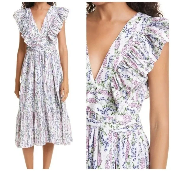 BYTIMO Blue Field Floral Ruffle Midi Wrap Dress Size Medium / NWT - Picture 3 of 16